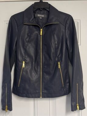 Kenneth Cole Reaction Navy Faux Leather Jacket with Gold Hardware